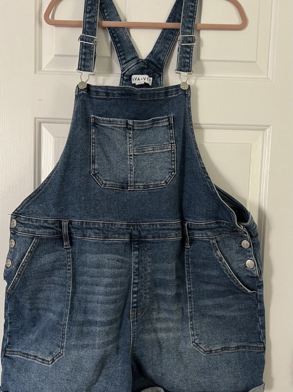AVA & VIV Denim Cargo Bib Overalls Shorts Waist 24 Like New